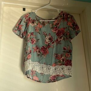 Rewind Floral Lace Accent Blouse - Teal and Pink